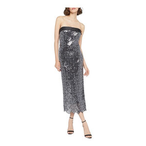 THEIA Silver Jewel Sequin Strapless Cocktail Midi Dress Size 16